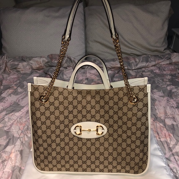 NWT Gucci Horsebit 1955 Large Tote Bag White Leather and Signature Canvas - Picture 3 of 15